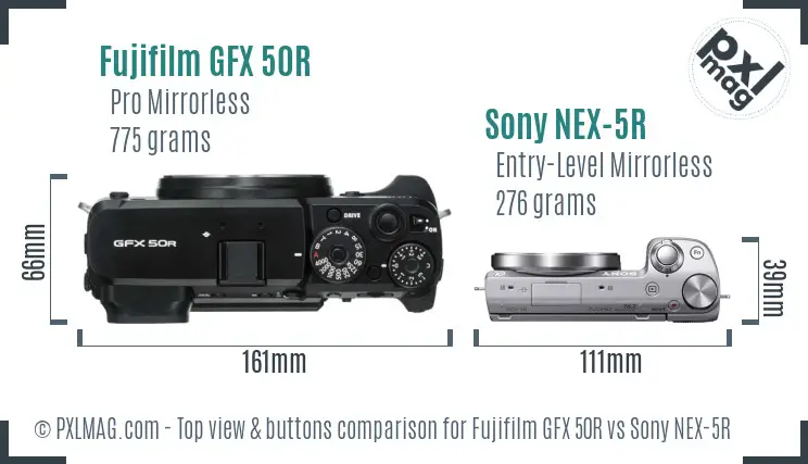 Fujifilm GFX 50R vs Sony NEX-5R top view buttons comparison