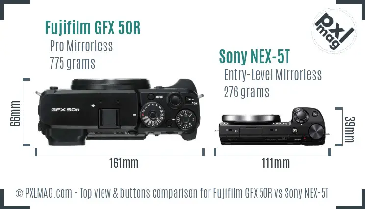 Fujifilm GFX 50R vs Sony NEX-5T top view buttons comparison Fujifilm GFX 50R vs Sony NEX-5T top view buttons comparison