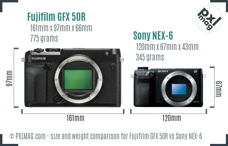 Fujifilm GFX 50R vs Sony NEX-6 size comparison