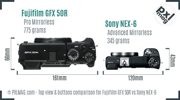 Fujifilm GFX 50R vs Sony NEX-6 top view buttons comparison