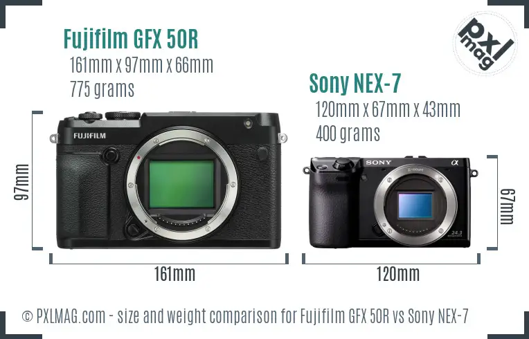 Fujifilm GFX 50R vs Sony NEX-7 size comparison