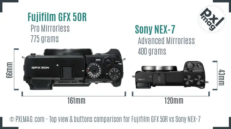 Fujifilm GFX 50R vs Sony NEX-7 top view buttons comparison