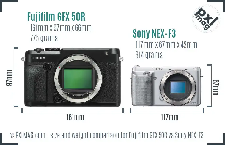 Fujifilm GFX 50R vs Sony NEX-F3 size comparison