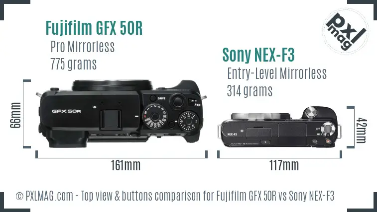 Fujifilm GFX 50R vs Sony NEX-F3 top view buttons comparison