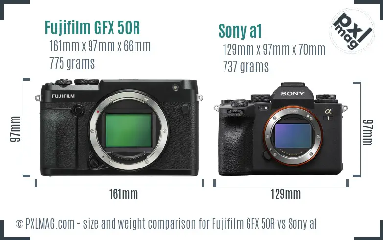 Fujifilm GFX 50R vs Sony a1 size comparison