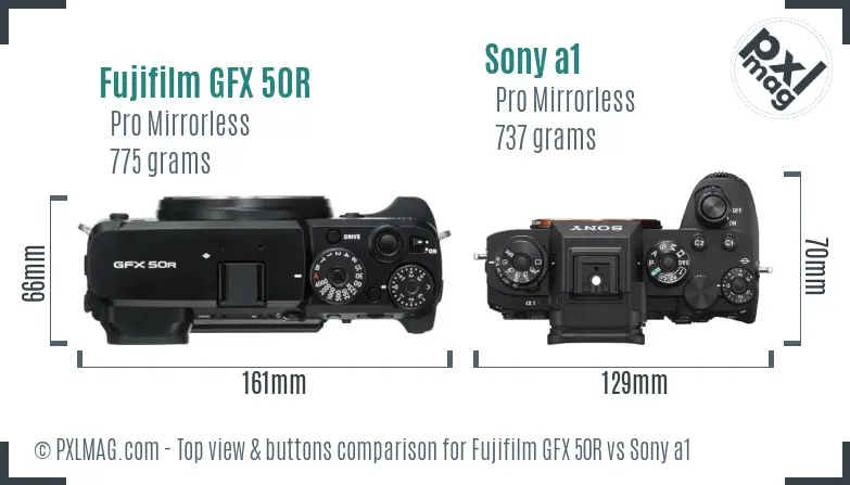 Fujifilm GFX 50R vs Sony a1 top view buttons comparison