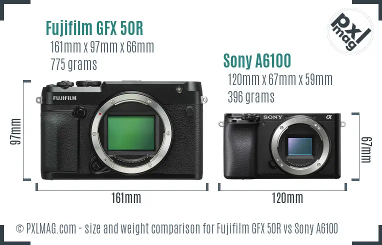 Fujifilm GFX 50R vs Sony A6100 size comparison