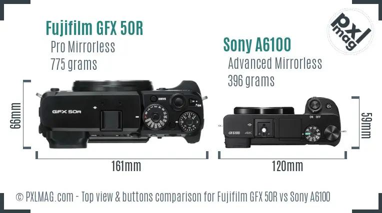 Fujifilm GFX 50R vs Sony A6100 top view buttons comparison