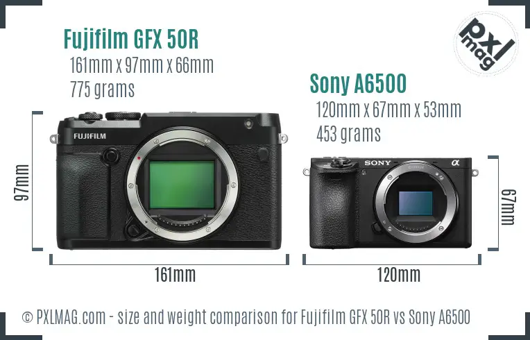 Fujifilm GFX 50R vs Sony A6500 size comparison