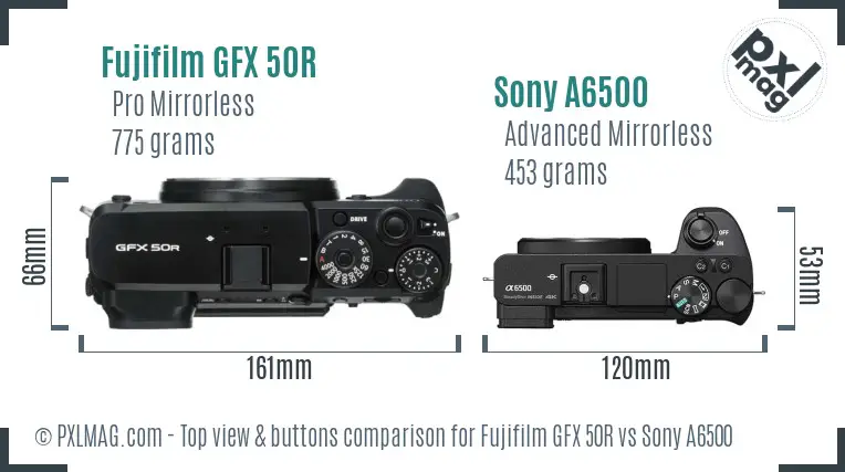 Fujifilm GFX 50R vs Sony A6500 top view buttons comparison