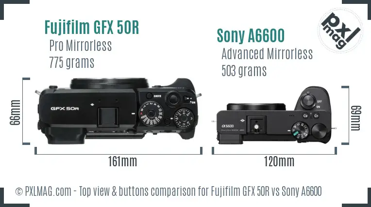 Fujifilm GFX 50R vs Sony A6600 top view buttons comparison