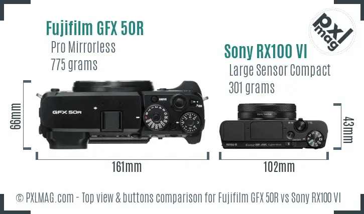 Fujifilm GFX 50R vs Sony RX100 VI top view buttons comparison
