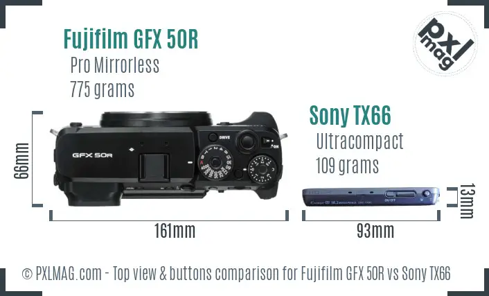 Fujifilm GFX 50R vs Sony TX66 top view buttons comparison Fujifilm GFX 50R vs Sony TX66 top view buttons comparison