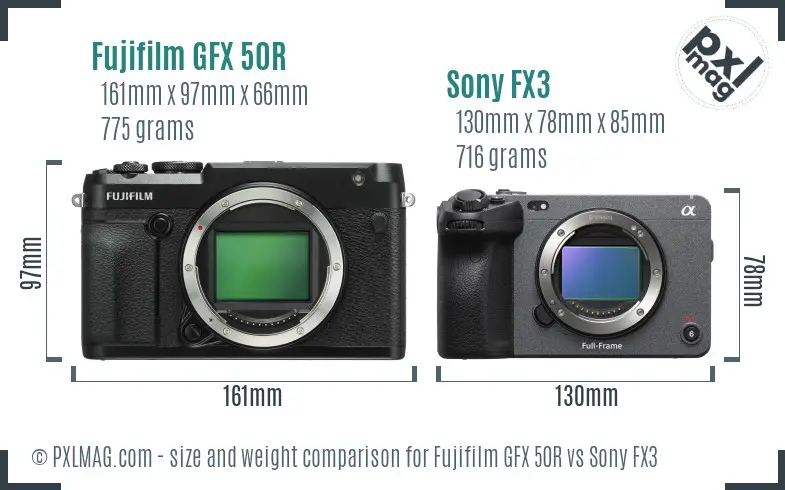 Fujifilm GFX 50R vs Sony FX3 size comparison