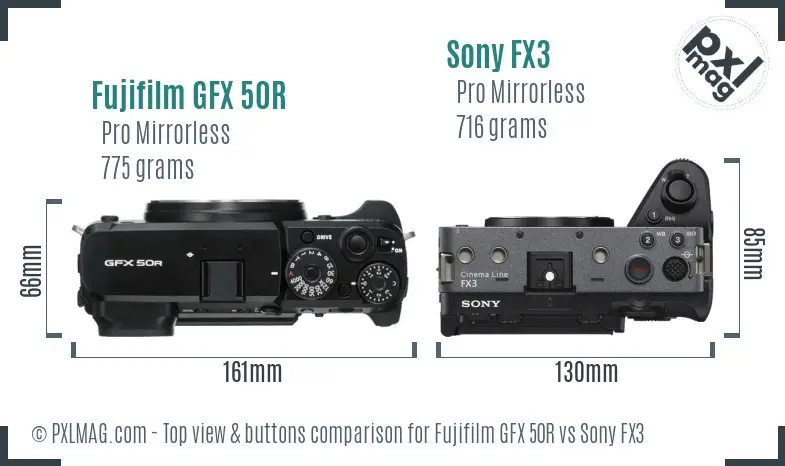 Fujifilm GFX 50R vs Sony FX3 top view buttons comparison