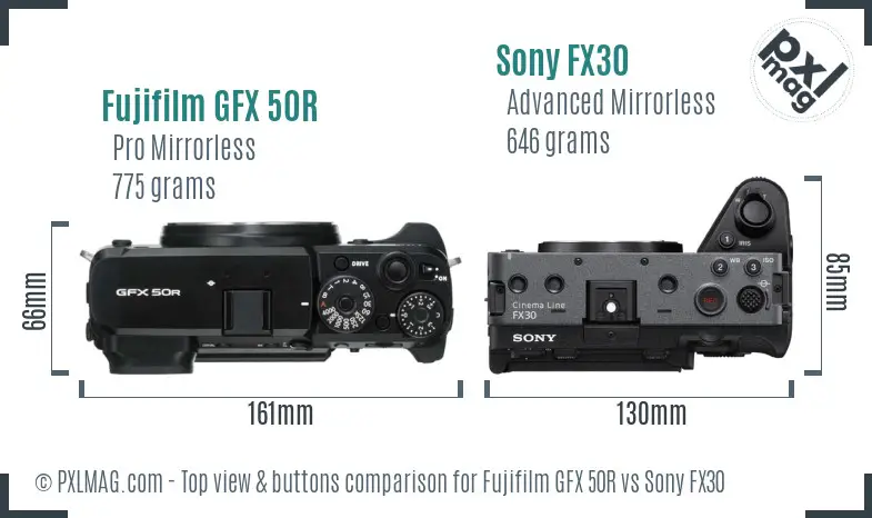 Fujifilm GFX 50R vs Sony FX30 top view buttons comparison Fujifilm GFX 50R vs Sony FX30 top view buttons comparison