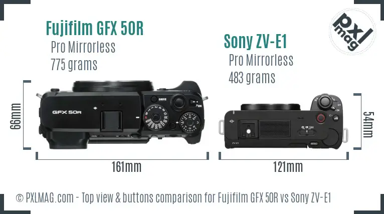 Fujifilm GFX 50R vs Sony ZV-E1 top view buttons comparison