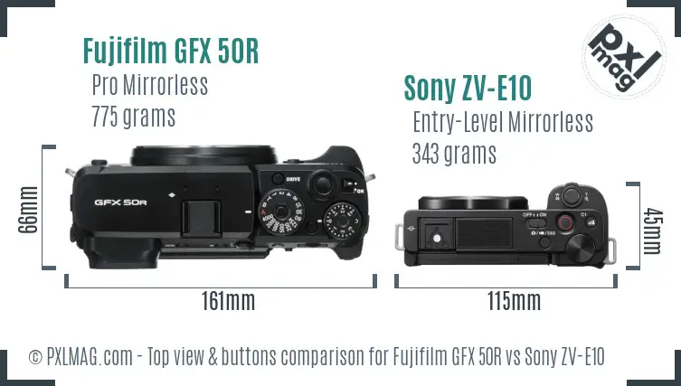 Fujifilm GFX 50R vs Sony ZV-E10 top view buttons comparison