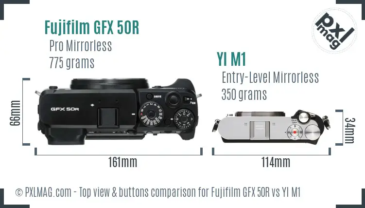 Fujifilm GFX 50R vs YI M1 top view buttons comparison