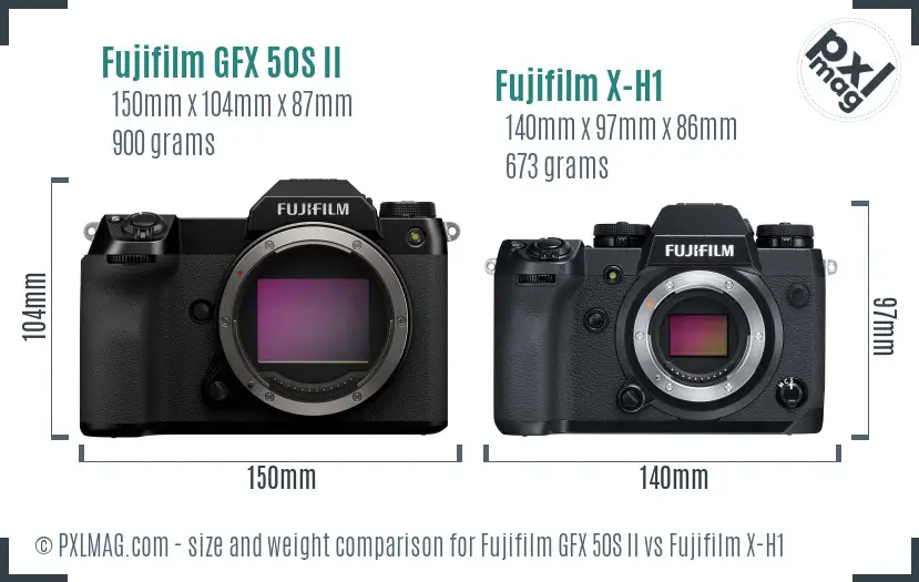 Fujifilm GFX 50S II vs Fujifilm X-H1 size comparison