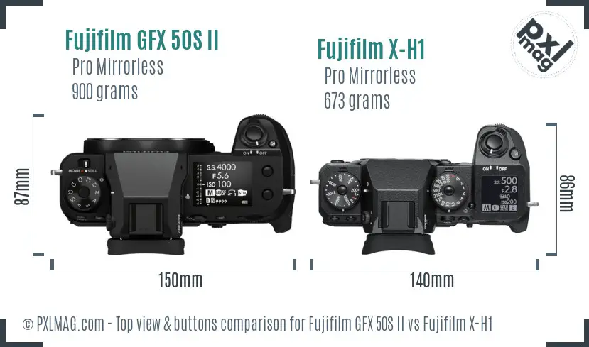 Fujifilm GFX 50S II vs Fujifilm X-H1 top view buttons comparison