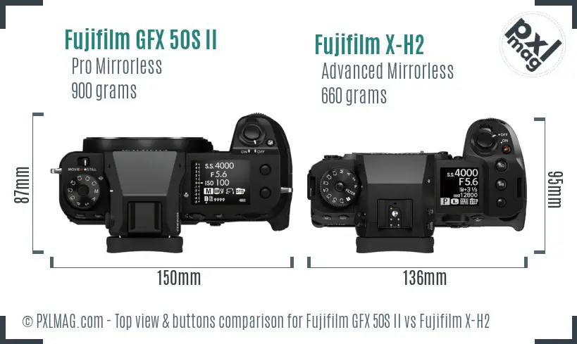 Fujifilm GFX 50S II vs Fujifilm X-H2 top view buttons comparison