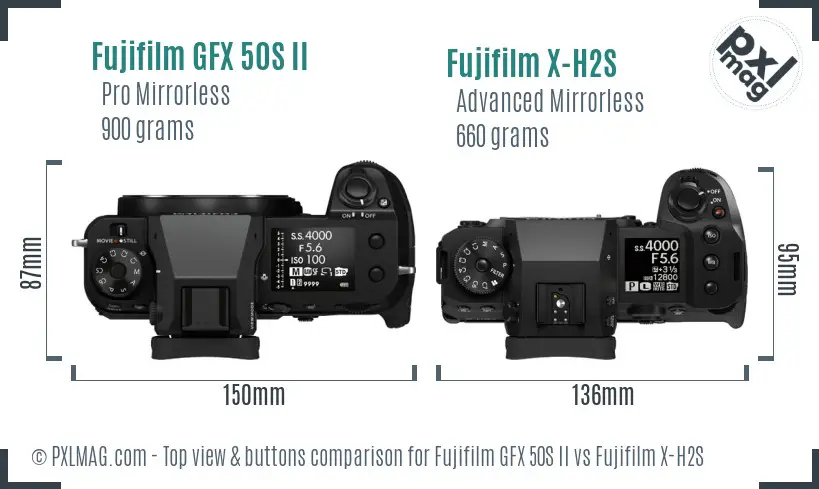 Fujifilm GFX 50S II vs Fujifilm X-H2S top view buttons comparison