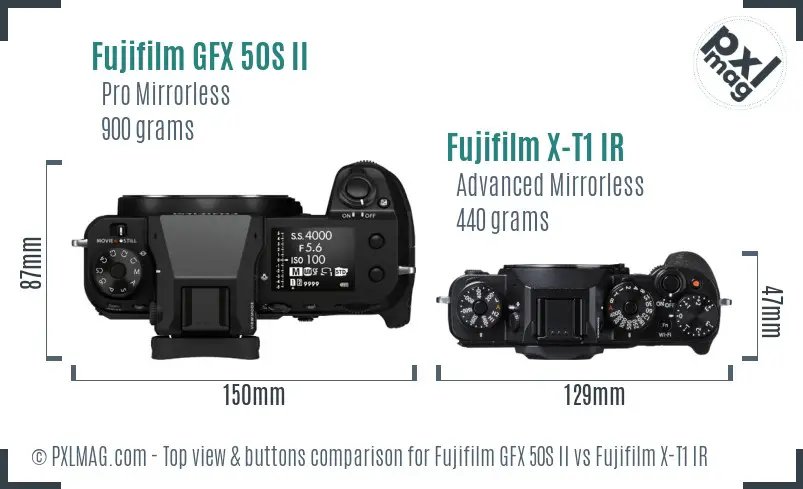 Fujifilm GFX 50S II vs Fujifilm X-T1 IR top view buttons comparison