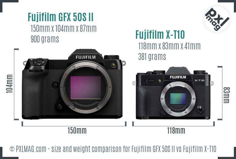 Fujifilm GFX 50S II vs Fujifilm X-T10 size comparison