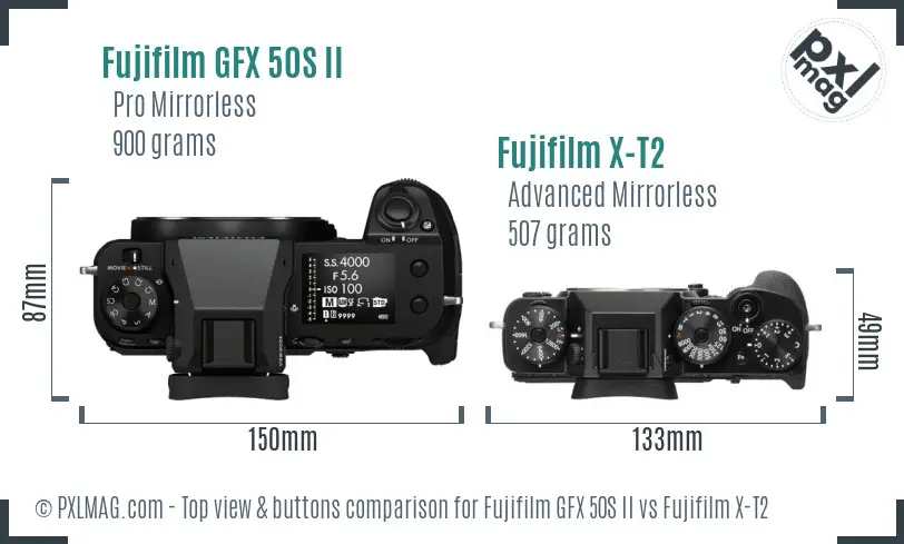 Fujifilm GFX 50S II vs Fujifilm X-T2 top view buttons comparison
