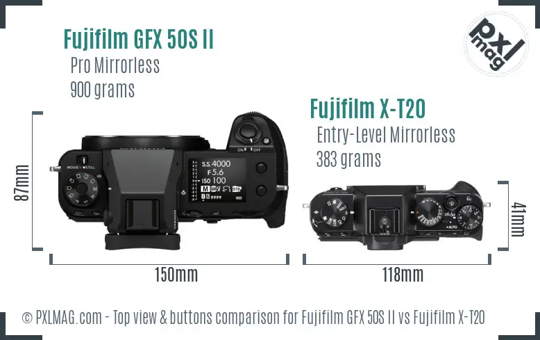 Fujifilm GFX 50S II vs Fujifilm X-T20 top view buttons comparison