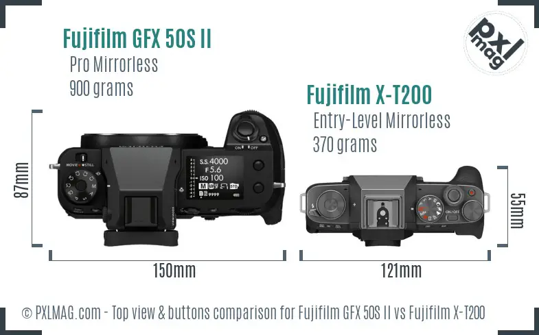 Fujifilm GFX 50S II vs Fujifilm X-T200 top view buttons comparison