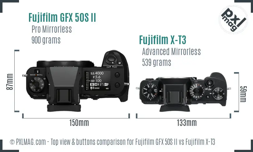 Fujifilm GFX 50S II vs Fujifilm X-T3 top view buttons comparison