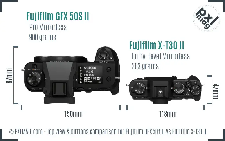Fujifilm GFX 50S II vs Fujifilm X-T30 II top view buttons comparison