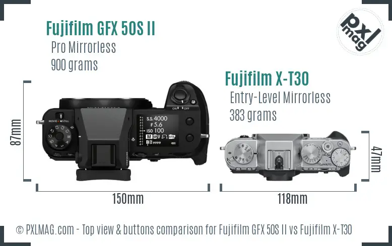 Fujifilm GFX 50S II vs Fujifilm X-T30 top view buttons comparison Fujifilm GFX 50S II vs Fujifilm X-T30 top view buttons comparison