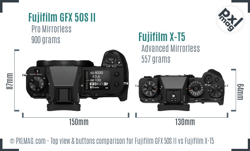 Fujifilm GFX 50S II vs Fujifilm X-T5 top view buttons comparison