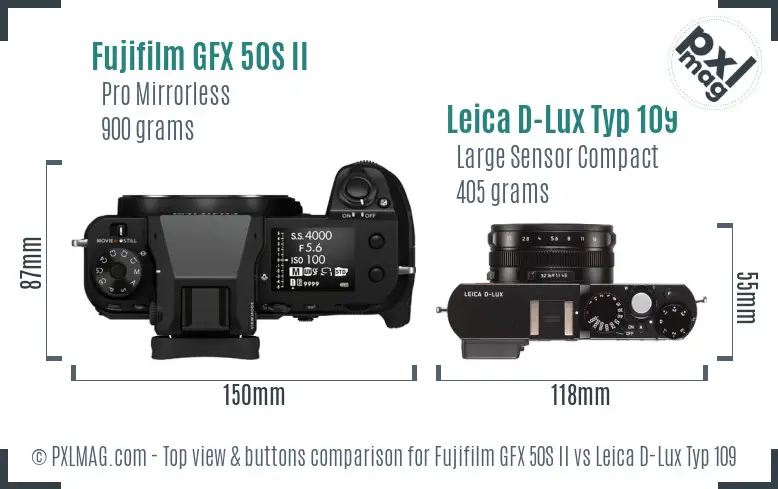Fujifilm GFX 50S II vs Leica D-Lux Typ 109 top view buttons comparison