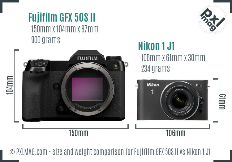 Fujifilm GFX 50S II vs Nikon 1 J1 size comparison