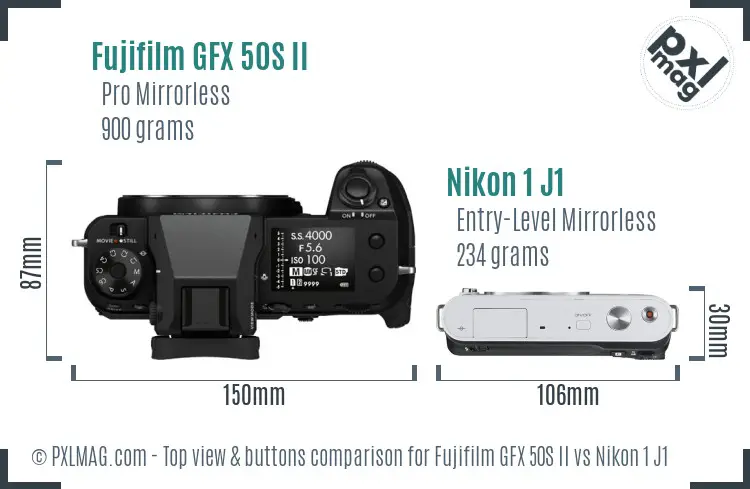 Fujifilm GFX 50S II vs Nikon 1 J1 top view buttons comparison