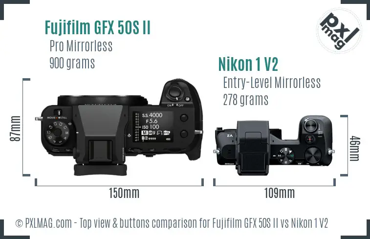 Fujifilm GFX 50S II vs Nikon 1 V2 top view buttons comparison