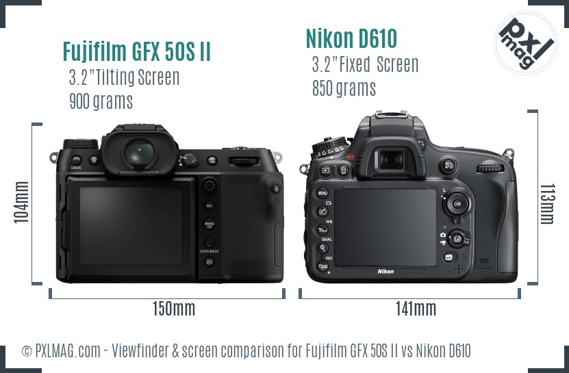 Fujifilm GFX 50S II vs Nikon D610 Screen and Viewfinder comparison