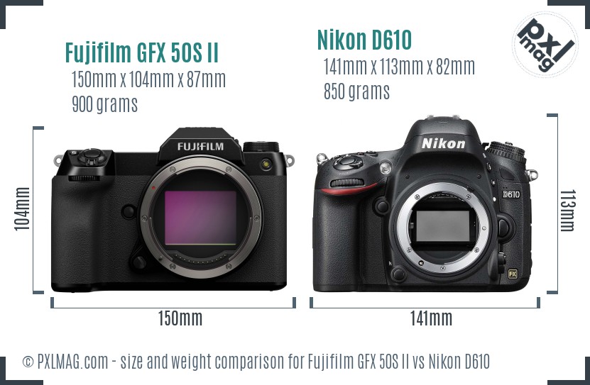 Fujifilm GFX 50S II vs Nikon D610 size comparison