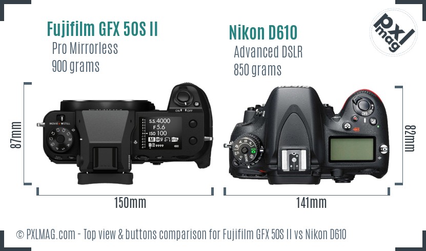 Fujifilm GFX 50S II vs Nikon D610 top view buttons comparison