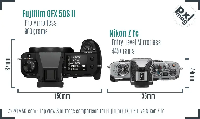 Fujifilm GFX 50S II vs Nikon Z fc top view buttons comparison