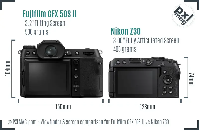 Fujifilm GFX 50S II vs Nikon Z30 Screen and Viewfinder comparison