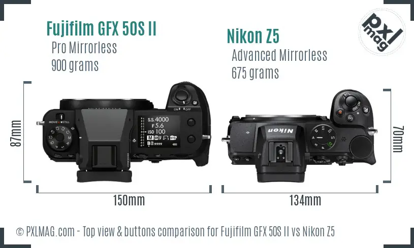 Fujifilm GFX 50S II vs Nikon Z5 top view buttons comparison