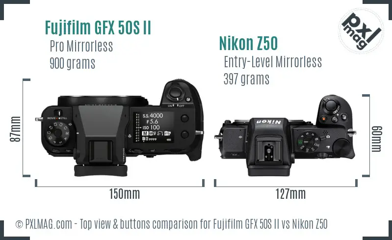 Fujifilm GFX 50S II vs Nikon Z50 top view buttons comparison