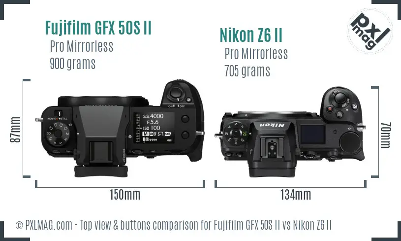 Fujifilm GFX 50S II vs Nikon Z6 II top view buttons comparison