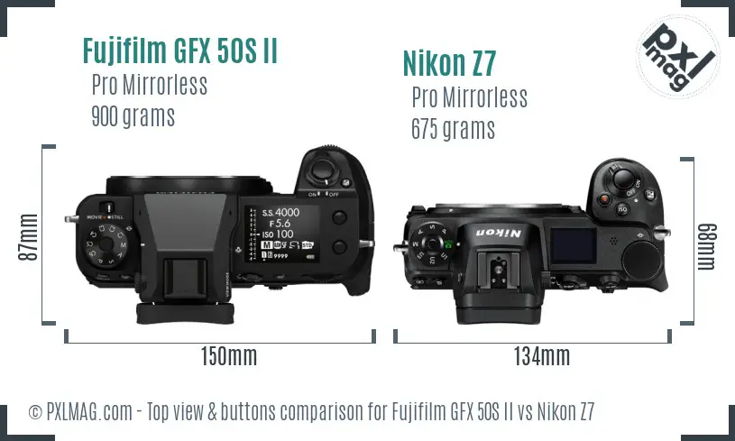 Fujifilm GFX 50S II vs Nikon Z7 top view buttons comparison