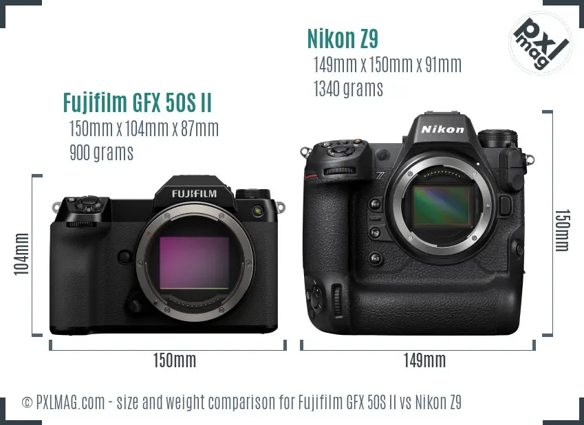Fujifilm GFX 50S II vs Nikon Z9 size comparison